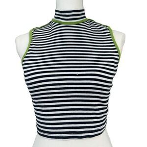 Vintage Explorations Black‎ & White strip & lime trim Cropped Top Sz S/ M